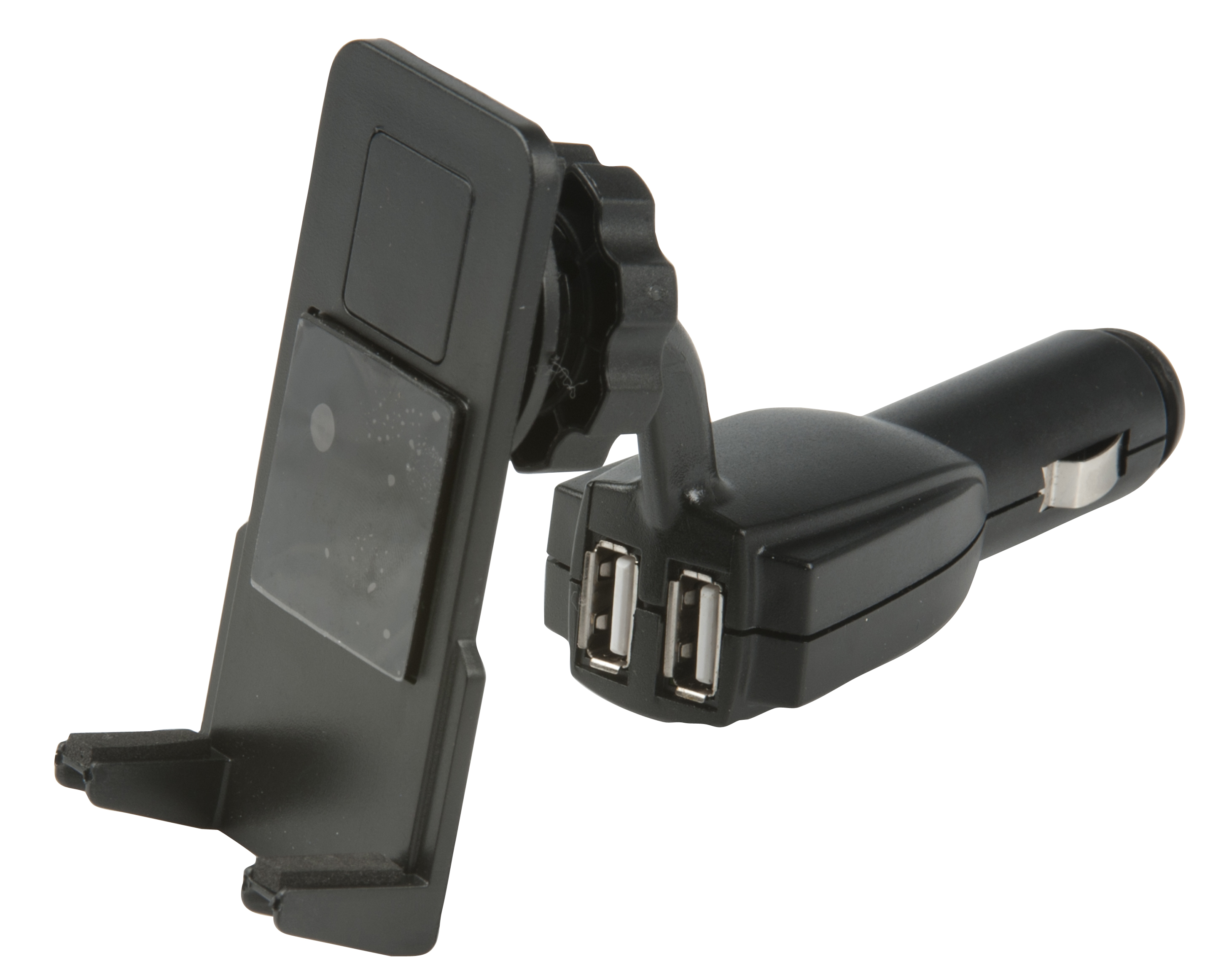 Zwarte telefoonhouder voor auto. Twee USB-poorten. Zwarte telefoonhouder.