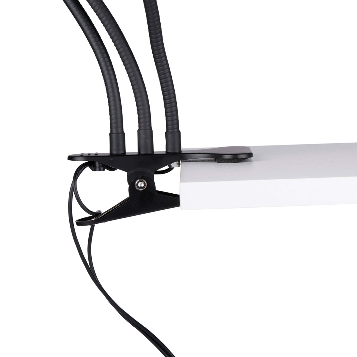 A clamp holding three black flexible gooseneck lamps.