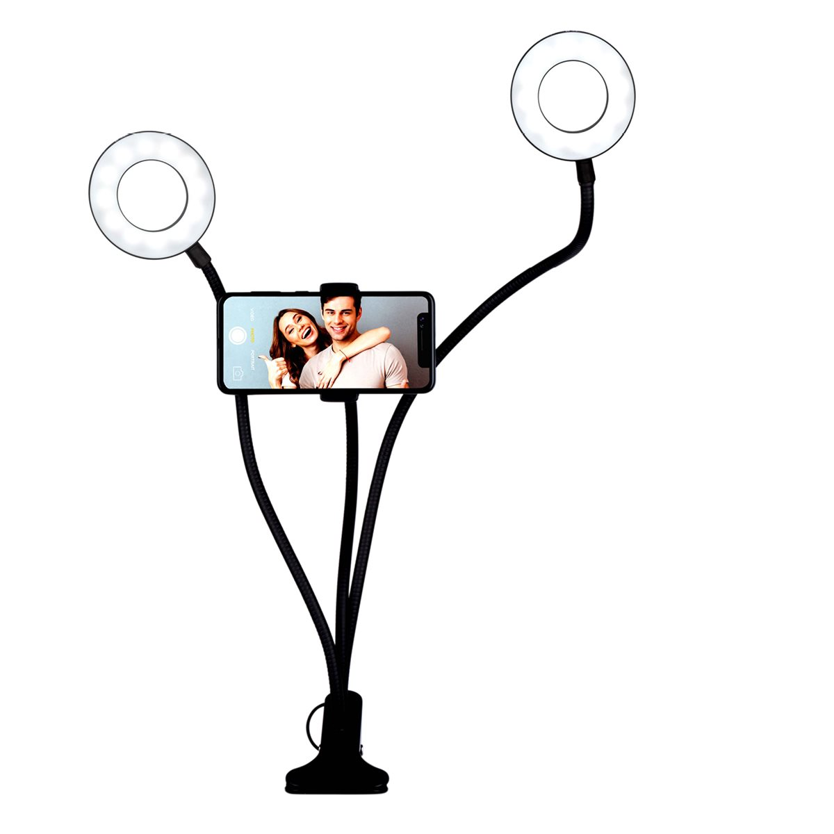 Phone holder with two ring lights and a phone with a couple on screen. Black stand and base.