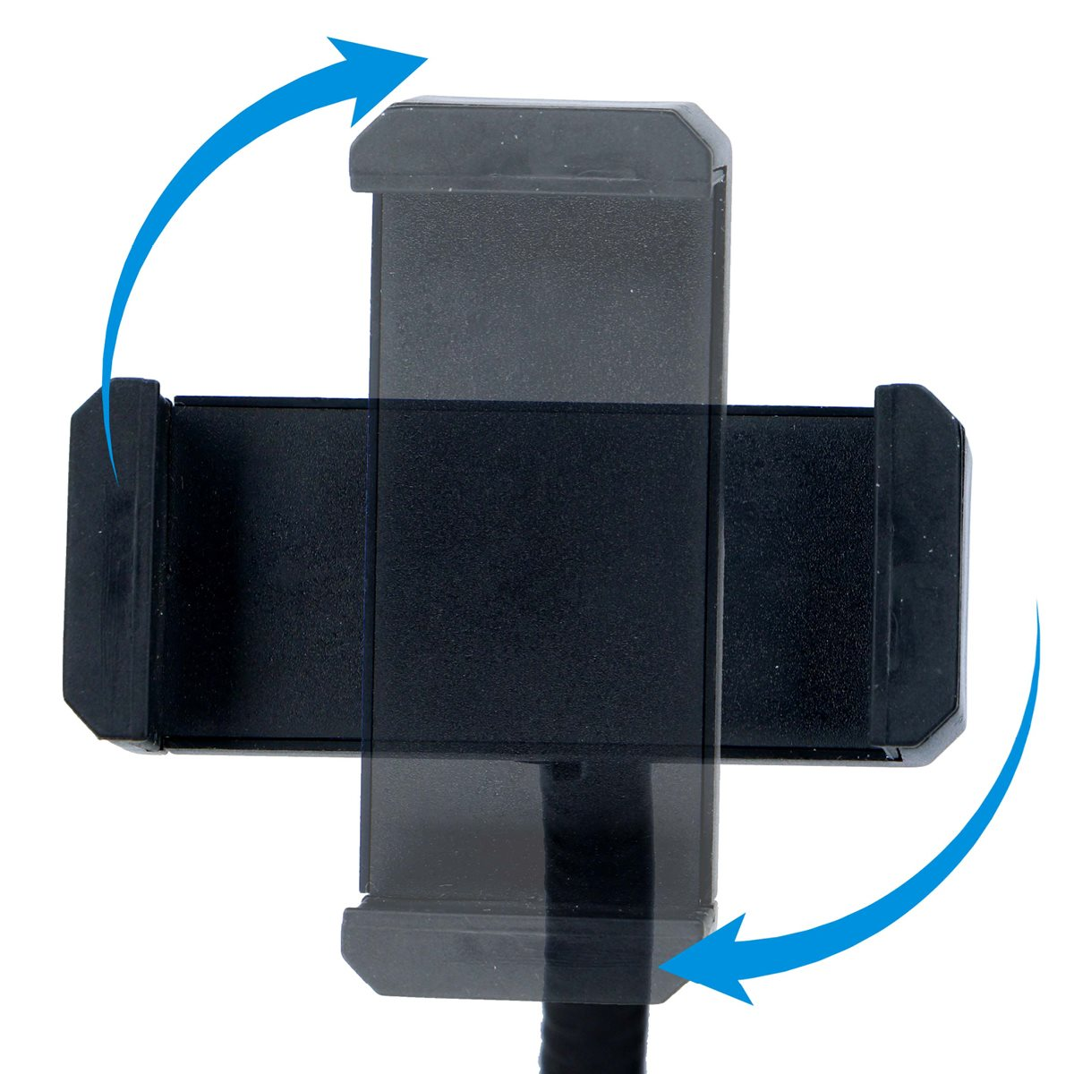 Black phone holder with rotating arrows. The holder is on a white background.