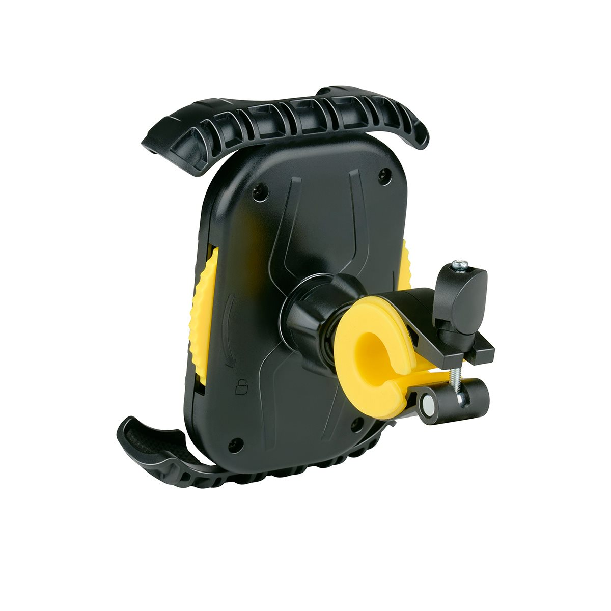 Een zwart-gele telefoonhouder voor een fiets.