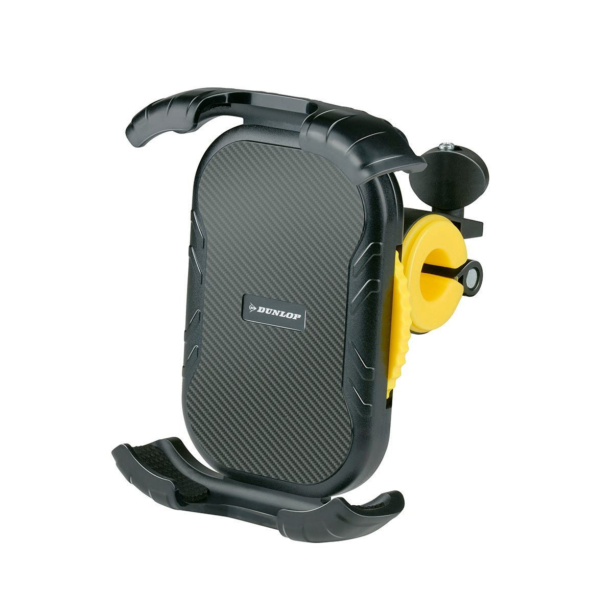 Zwarte en grijze telefoonhouder voor een auto, met een koolstofvezelpatroon. Witte achtergrond.