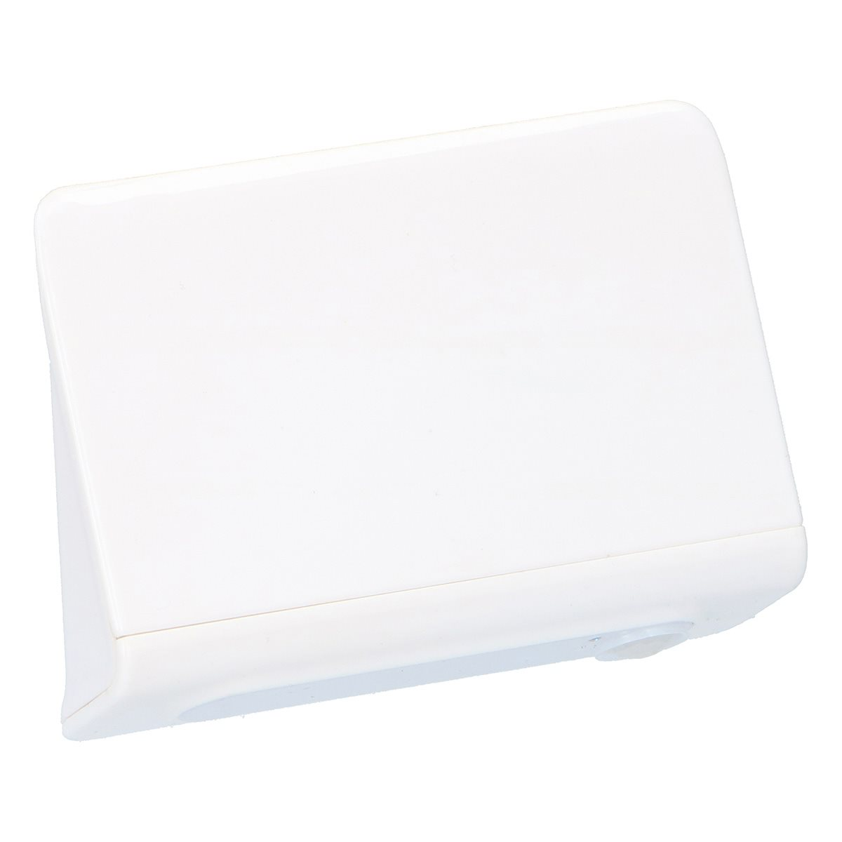 A white rectangular device with a small button on the bottom and a slight angle.