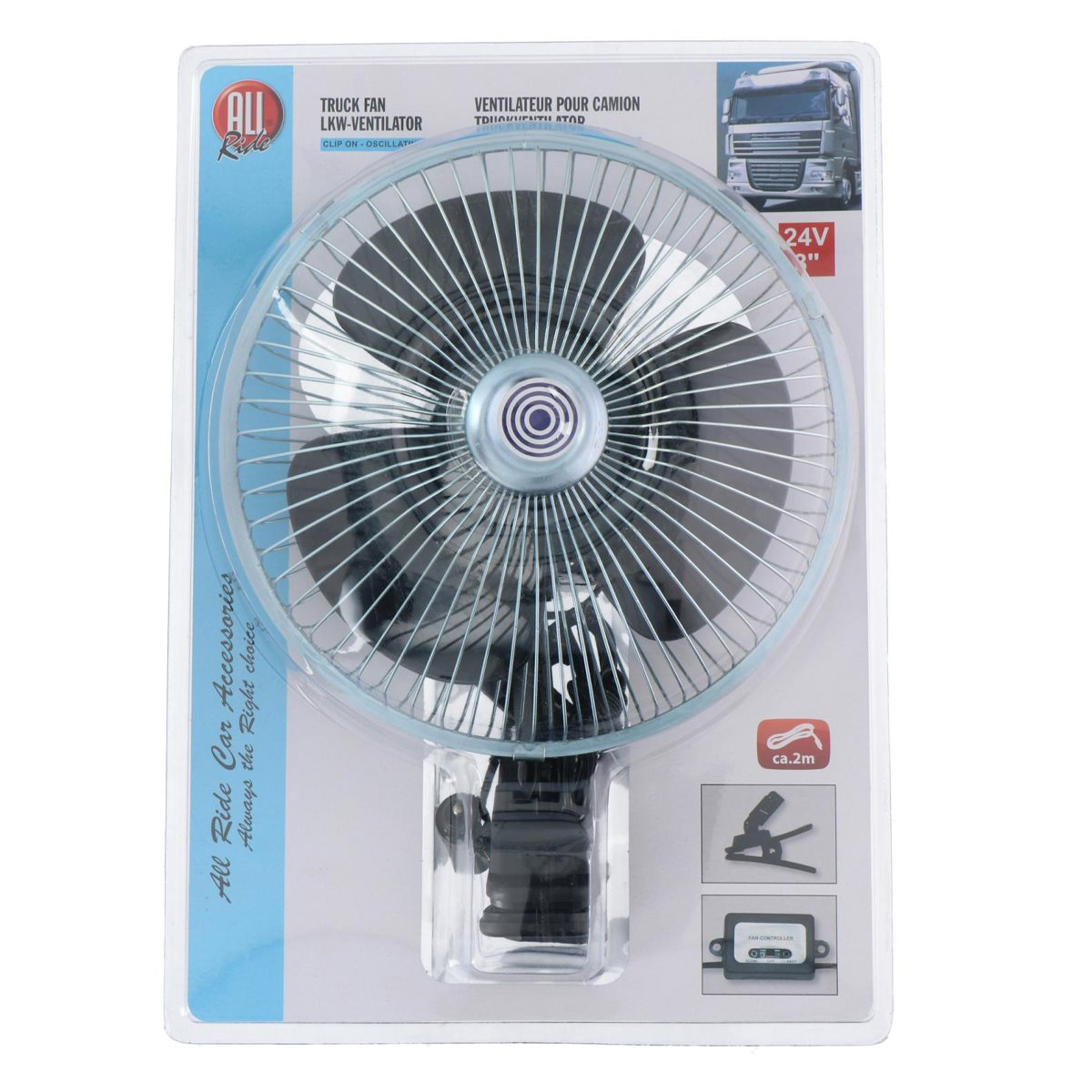 Truck fan in packaging. Includes fan, cable, and clip. White background.