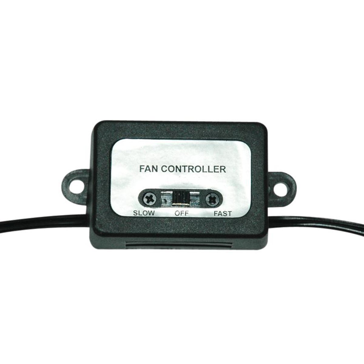 A black fan controller with the words "FAN CONTROLLER" printed on it. White background.
