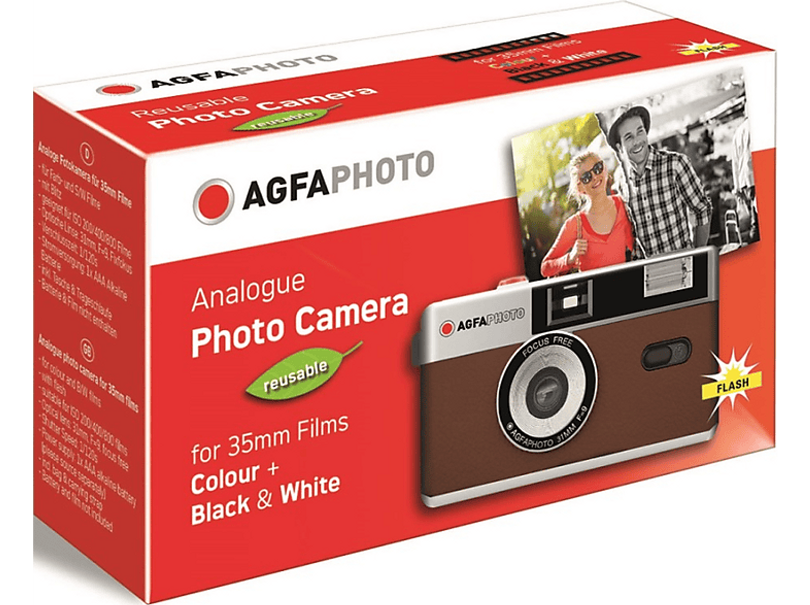 Una caja de cámara fotográfica AGFA vintage que muestra una cámara con opciones de película en color y blanco/negro.