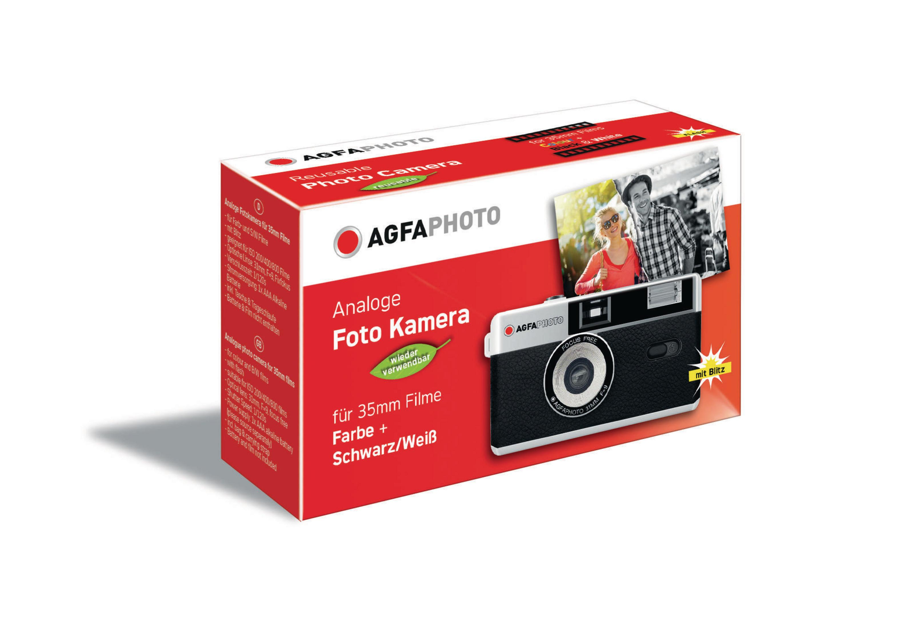 Embalaje de cámara rojo y blanco con imagen del producto y texto sobre fondo blanco.
