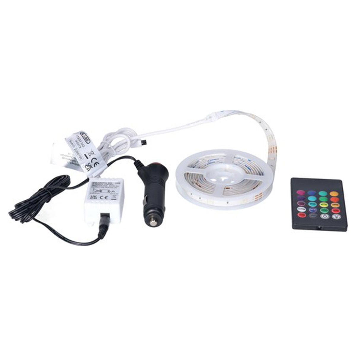 LED strip lights with a remote control, power adapter, and a car charger.