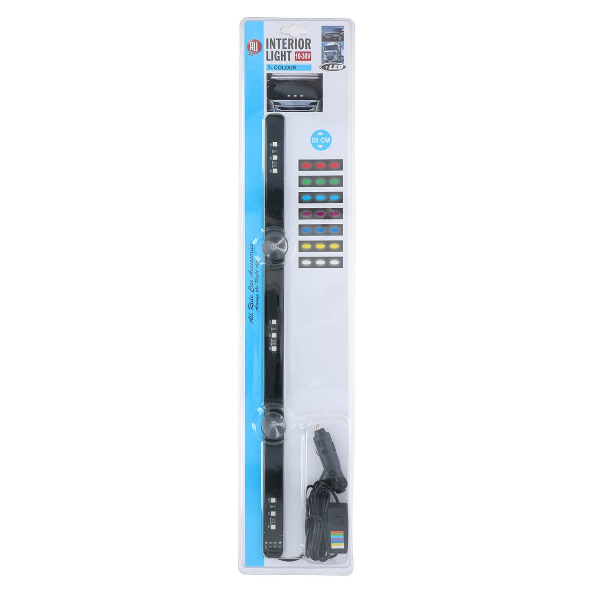 A car interior LED light strip in a package. The strip is black with multi-color options.