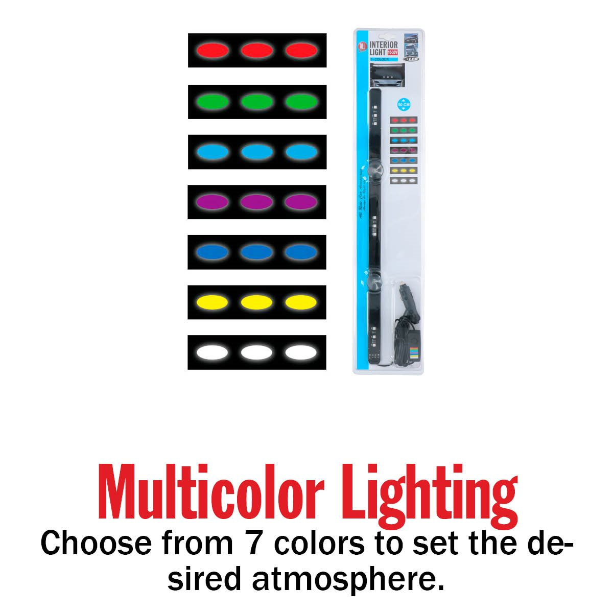 Multicolor LED strip with seven color options. Product packaging is also visible.