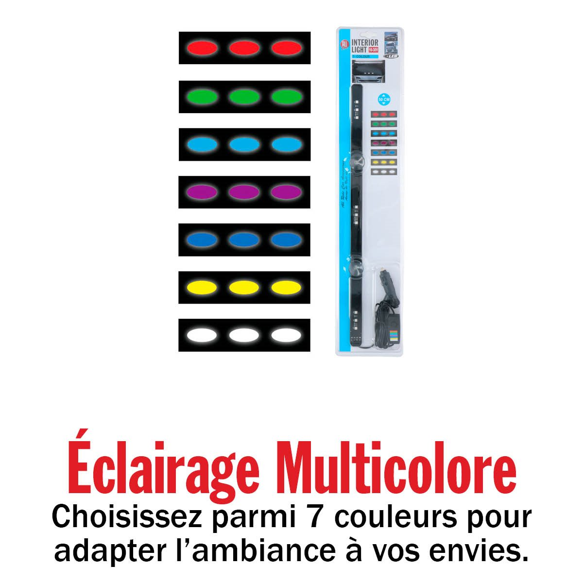 Multicolor lighting with 7 different color options, with a white background.