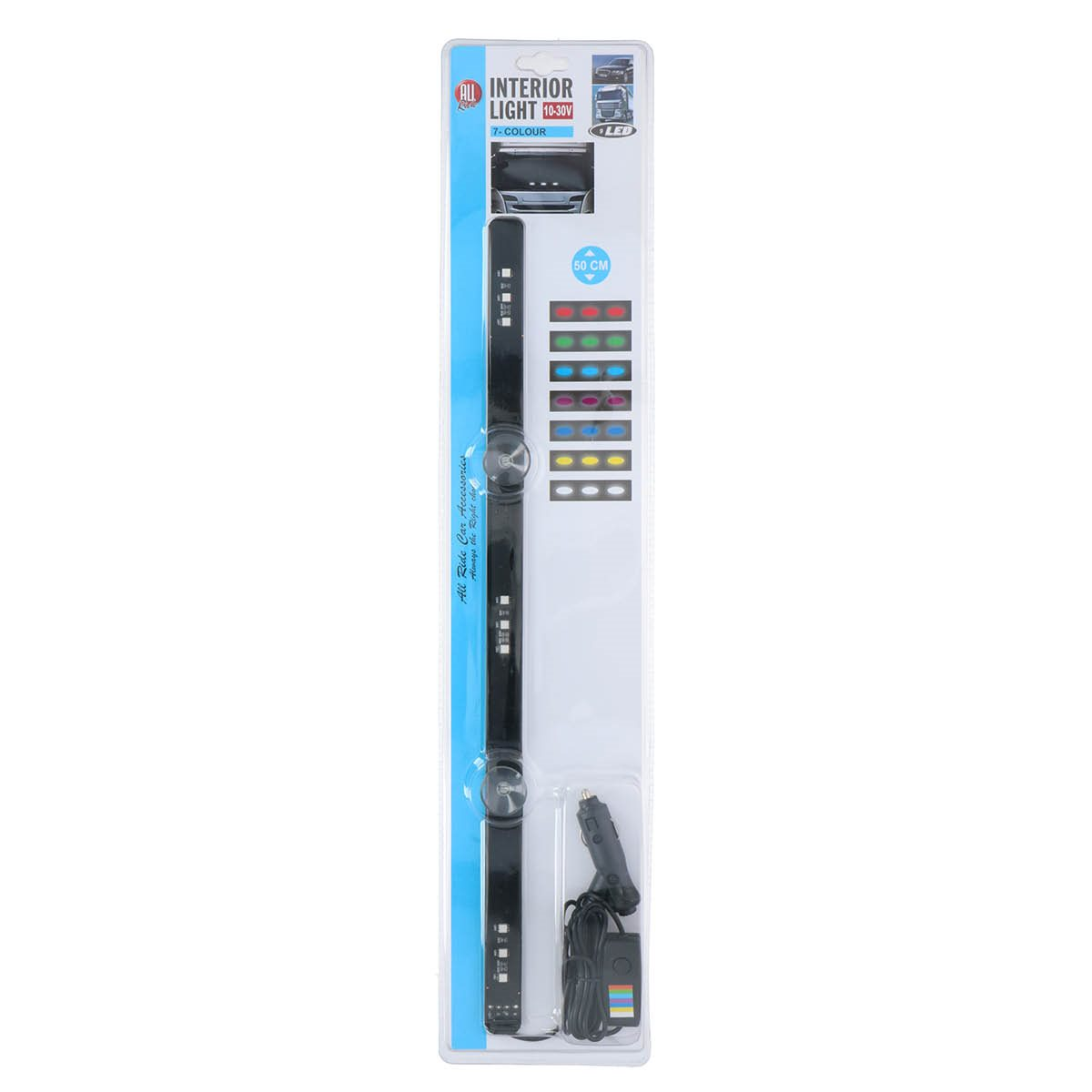 A black interior car light in packaging. Seven colored lights are shown.
