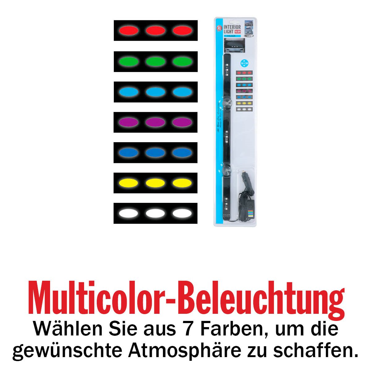 Multicolor Interior Light kit with 7 colors, shown on a white background. Text in German.