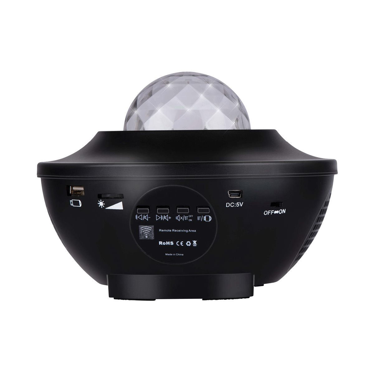 Black galaxy projector with a dome and control buttons. It is a bowl shape.