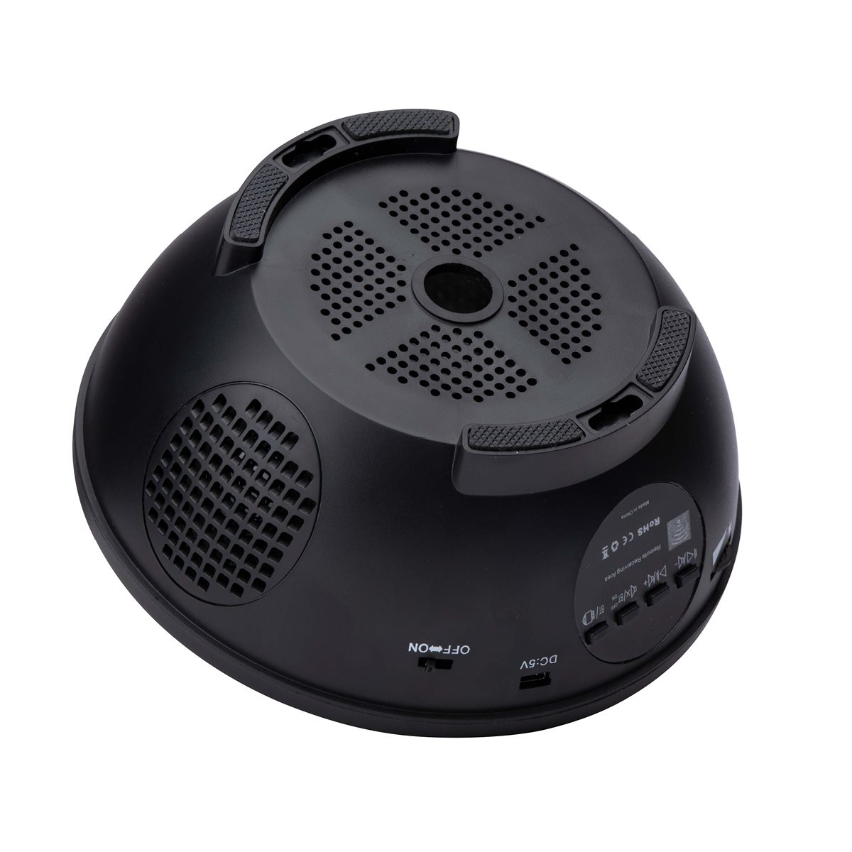 A black, dome-shaped diffuser with a perforated top and rounded feet, angled view.