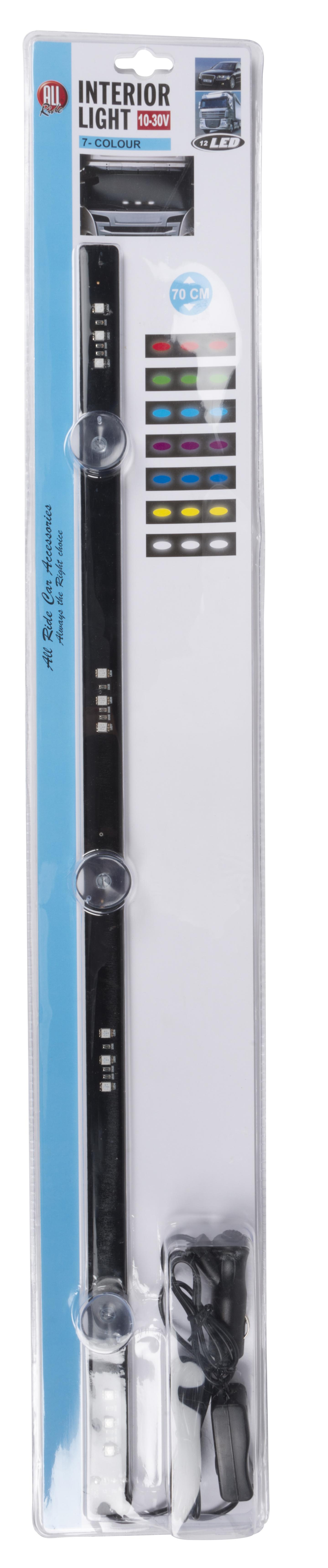 A long, black interior light fixture with suction cups. The package shows the light's color options.