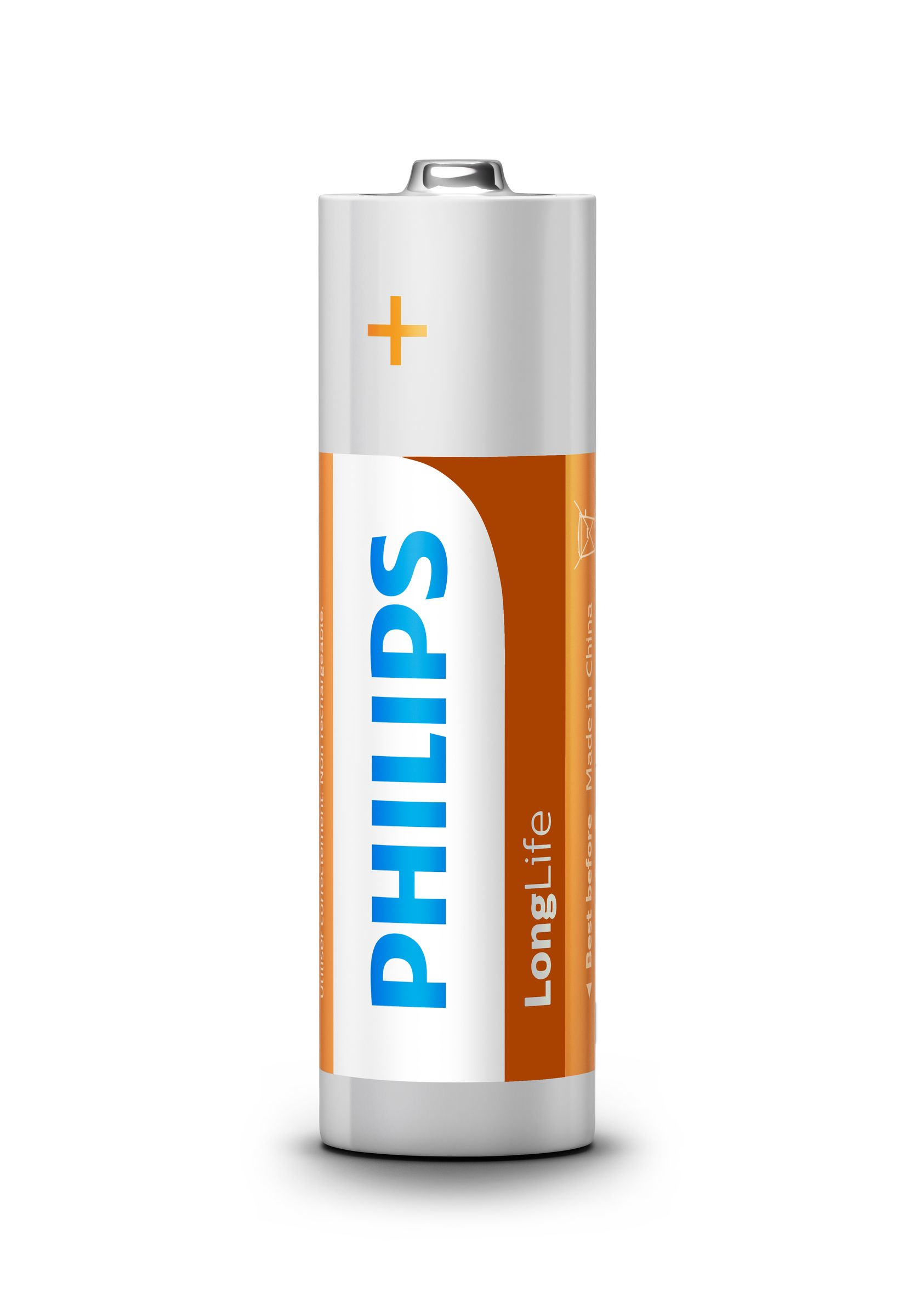 Philips LongLife AA battery, white and orange, on white.