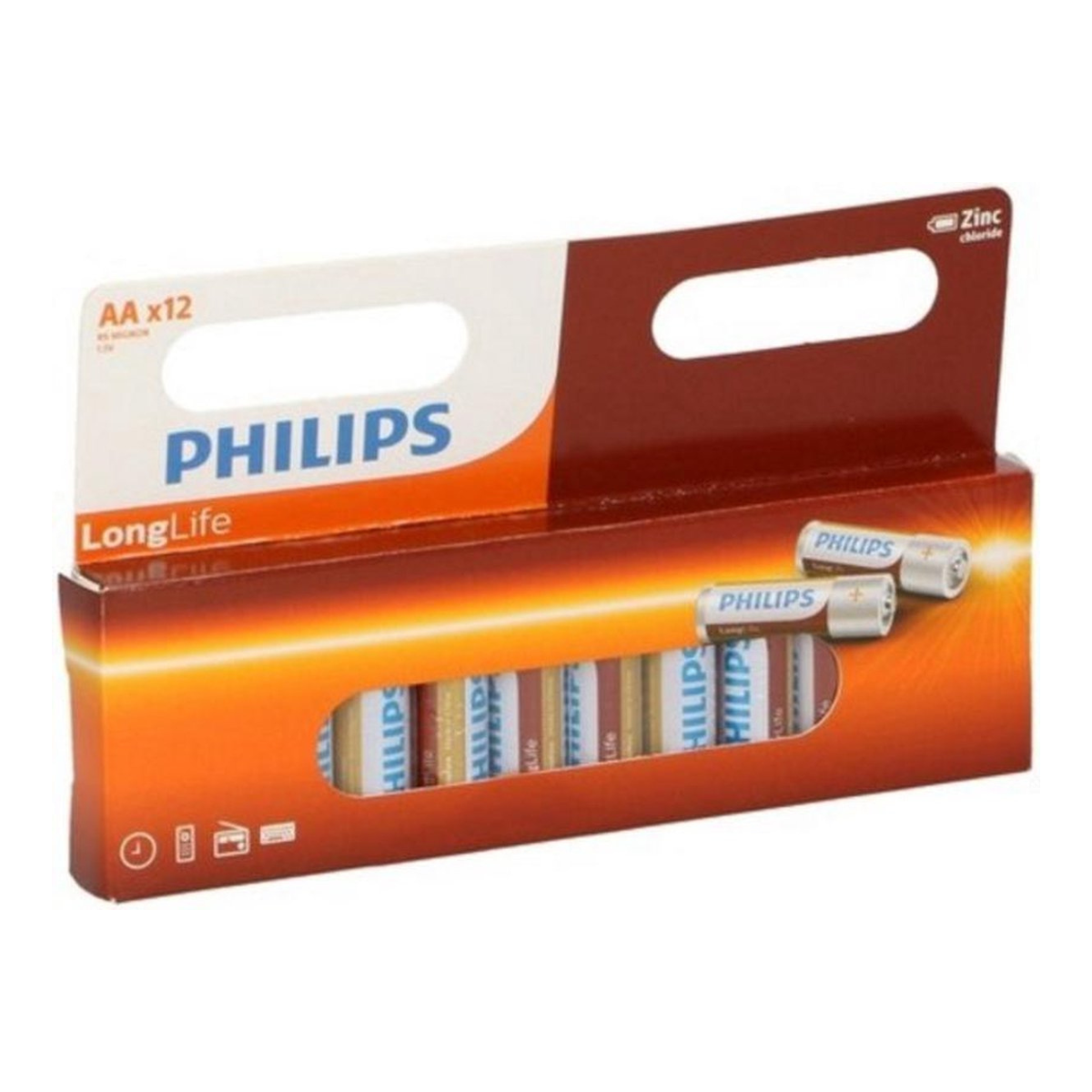 Box of Philips AA LongLife batteries, orange and white packaging.