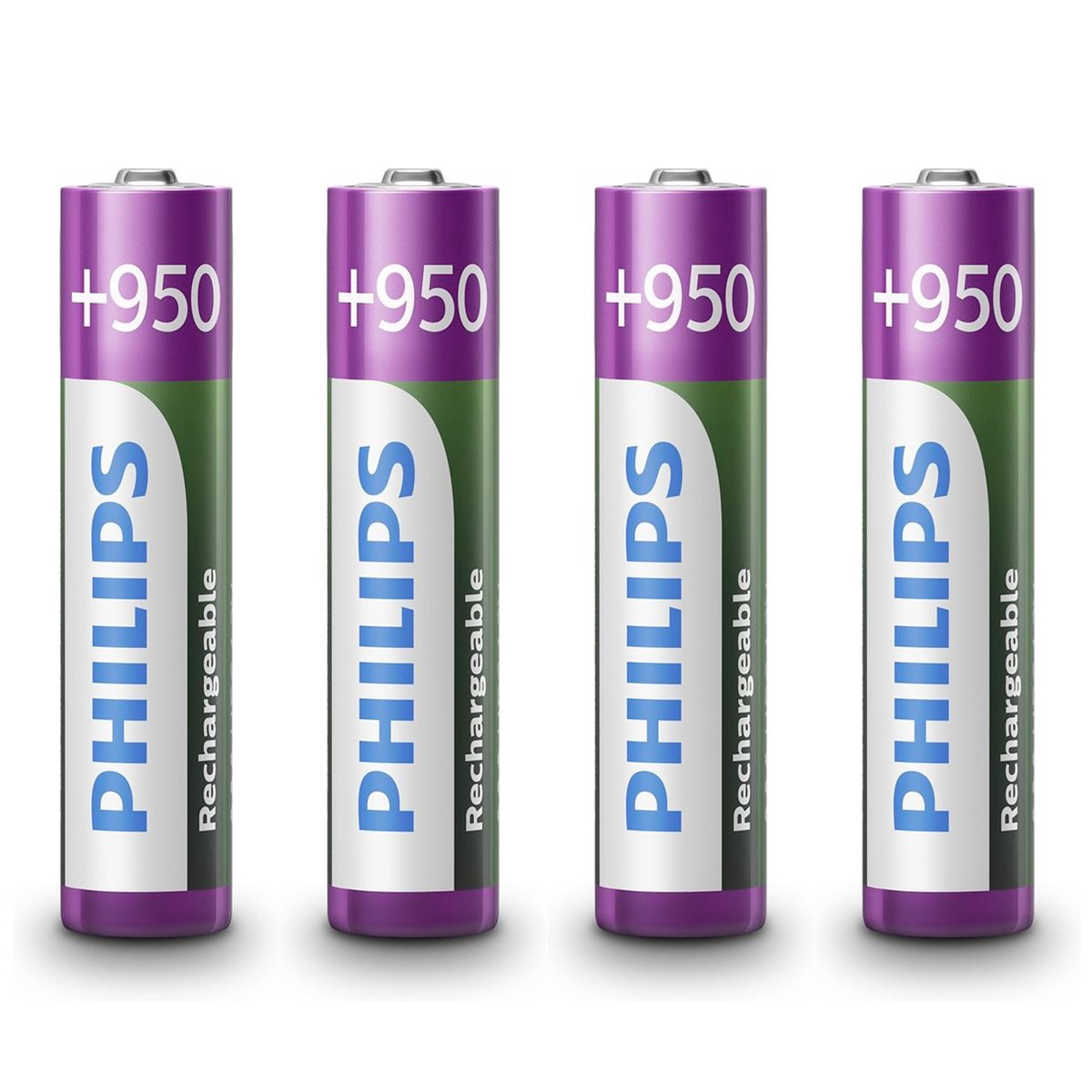 Four purple Philips rechargeable batteries, labeled with +950 and Rechargeable.