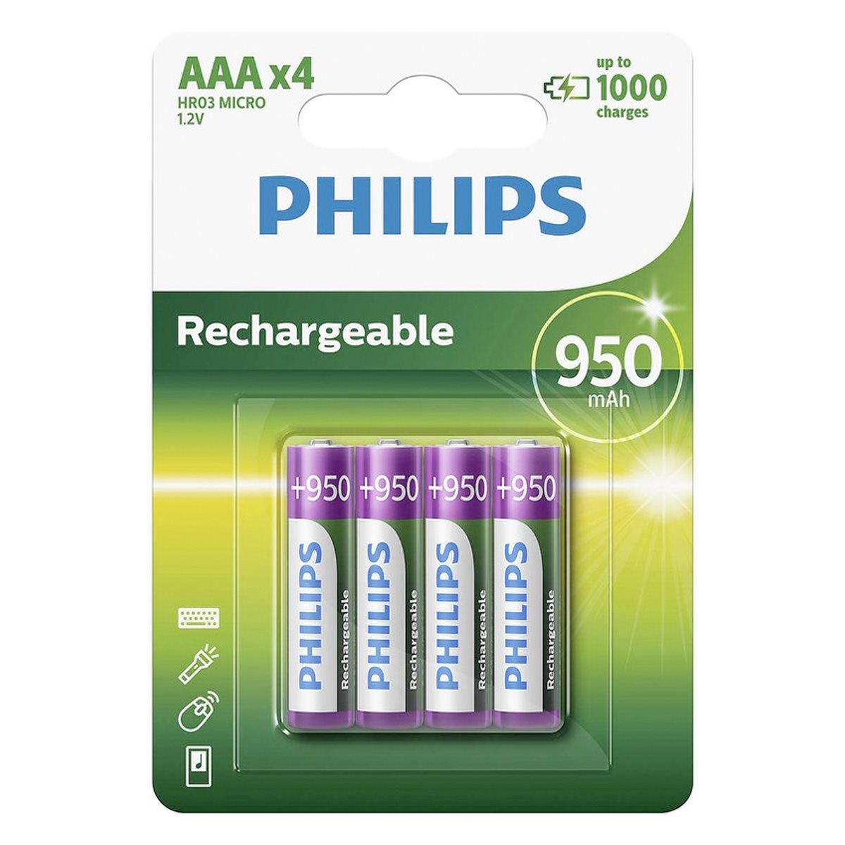 Philips AAA rechargeable batteries in a plastic pack, four batteries visible.
