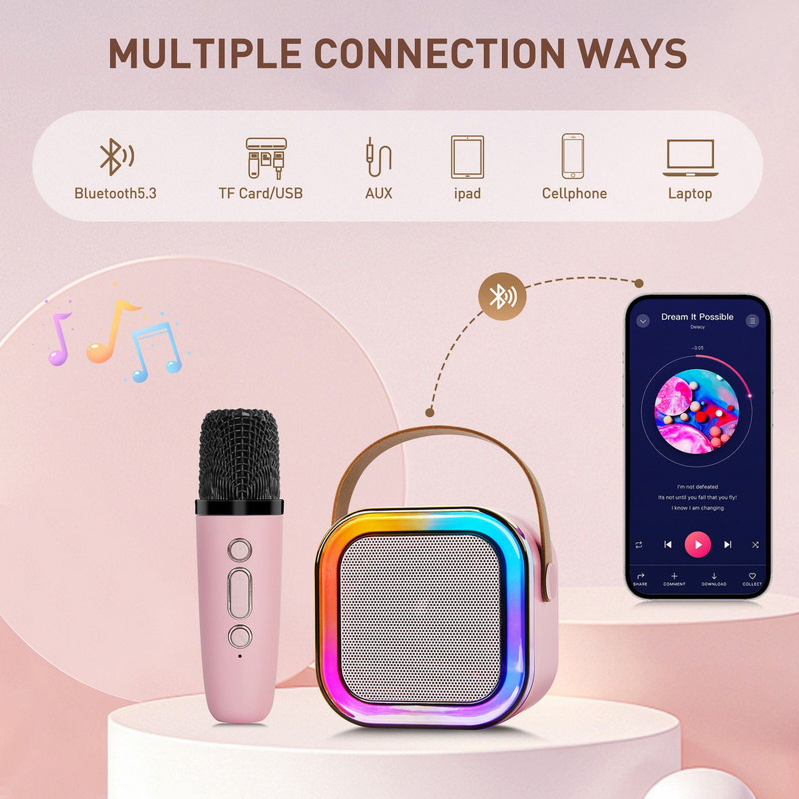Rosa Lautsprecher und Mikrofon mit Bluetooth, TF-Karte, AUX und mehr Verbindungsoptionen. Ein Telefon zeigt einen Song an.