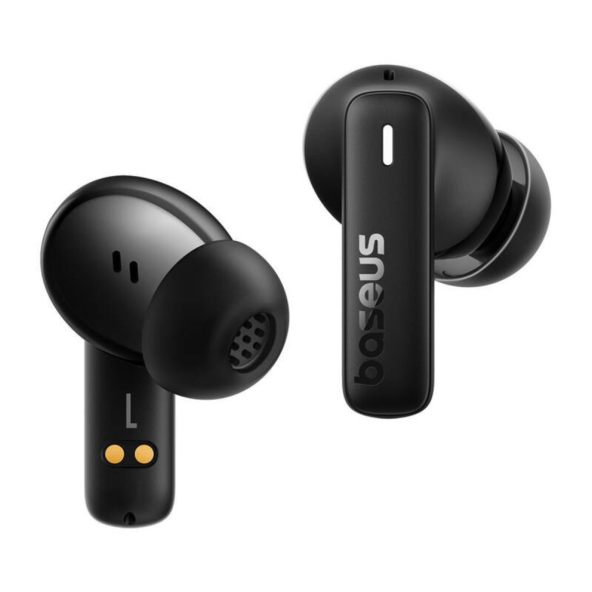 Czarne bezprzewodowe słuchawki. Jeden pokazuje stronę „L”, a drugi tekst baseus.