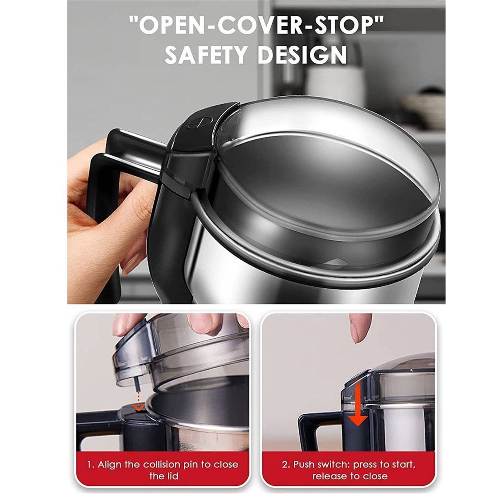 Bild zeigt einen Mixer, ein Open-Cover-Stop-Sicherheitsdesign und Anweisungen zum Schließen des Deckels.