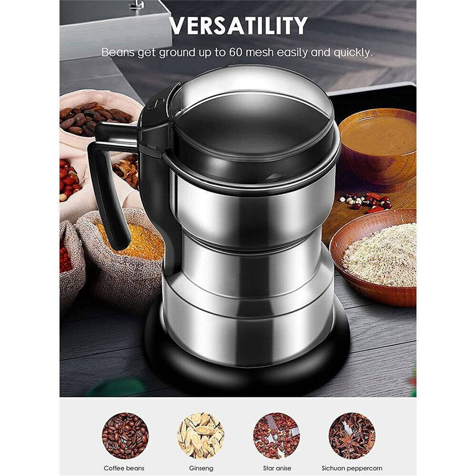 Kaffeemühle mit Bohnen, Ginseng, Sternanis und Sichuan-Pfeffer. Text: Vielseitigkeit, Bohnen bis zu 60 Mesh gemahlen.