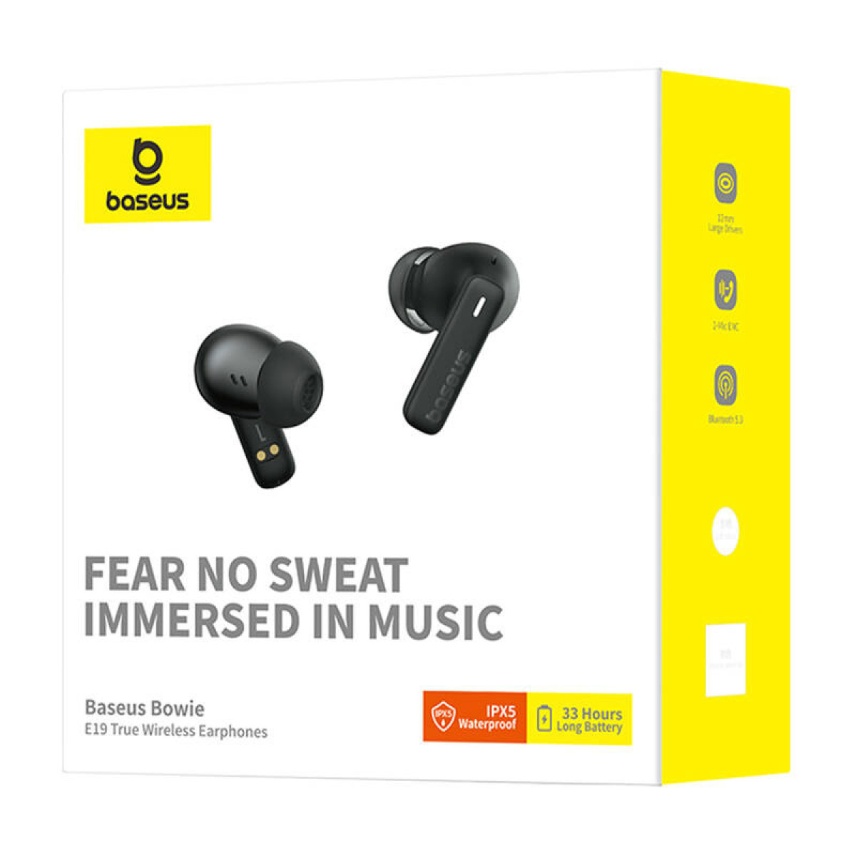 Pudełko z czarnymi słuchawkami Baseus. Tekst mówi "FEAR NO SWEAT IMMERSED IN MUSIC". Żółty bok pokazuje funkcje.