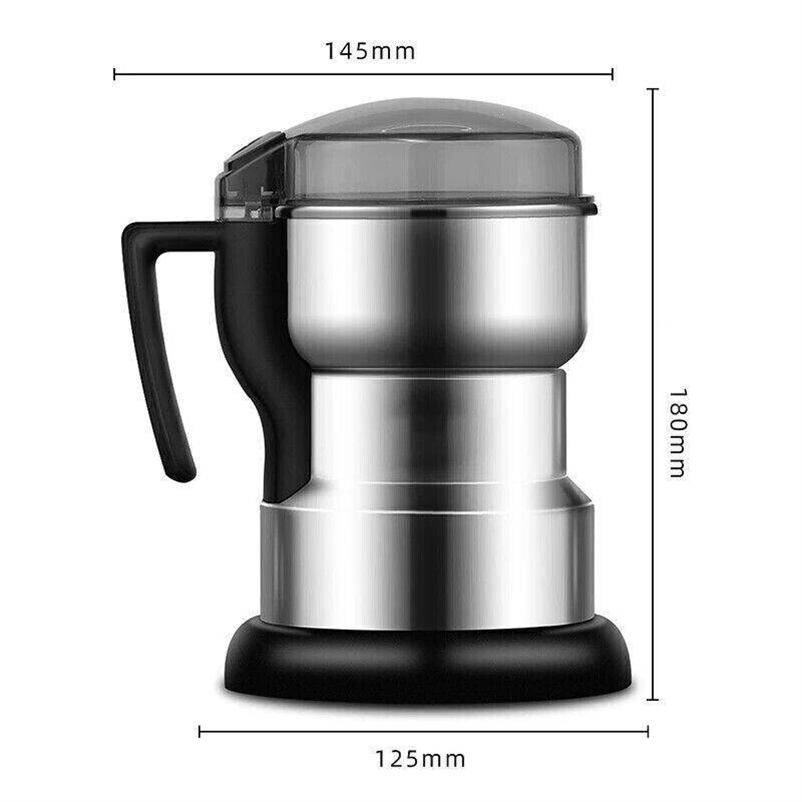 Kaffeemühle aus Edelstahl. Abmessungen: 145mm x 125mm x 180mm. Schwarzer Griff und Sockel.
