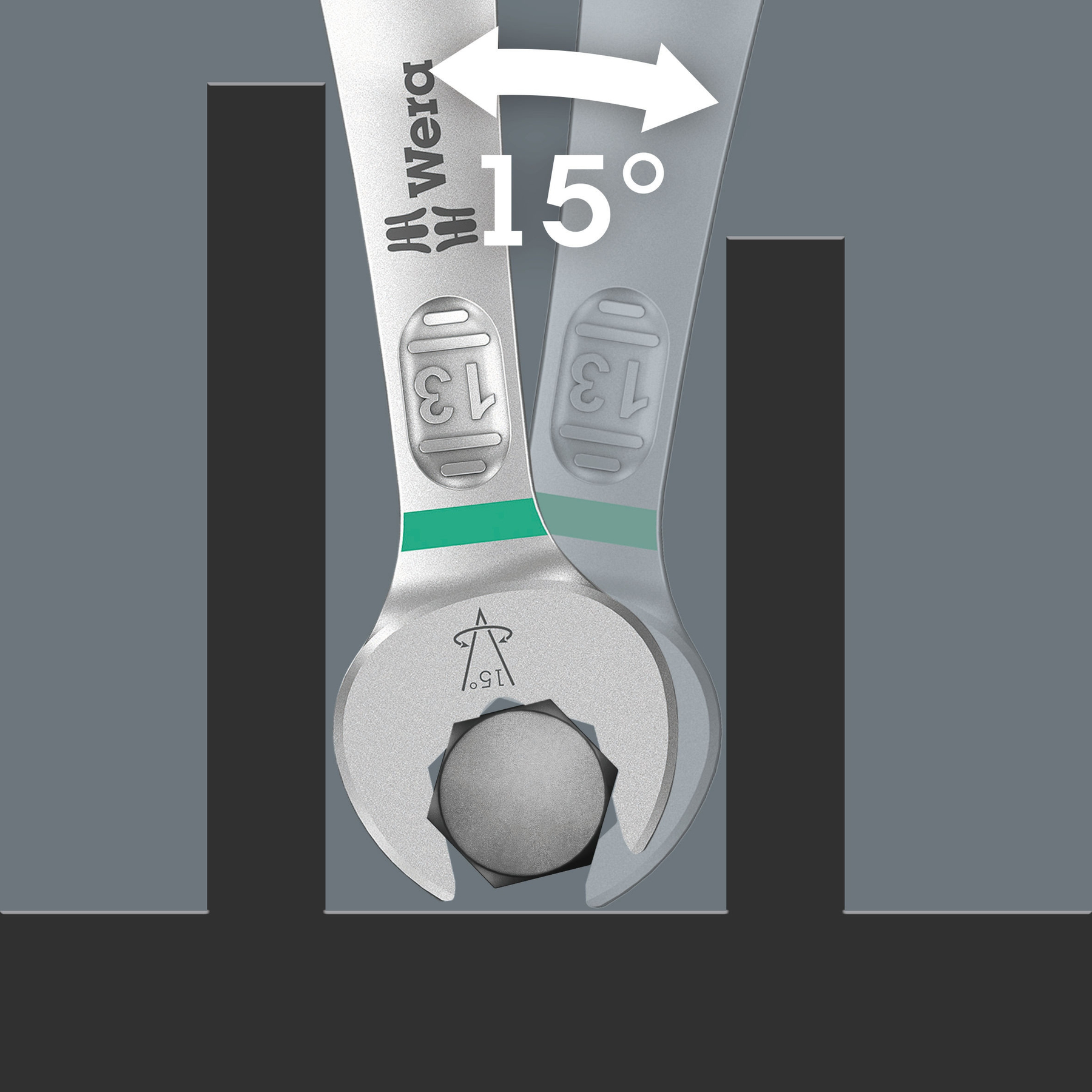 Zwei Schraubenschlüssel mit einem Winkel von 15 Grad. Ein Pfeil zeigt den Winkel an.