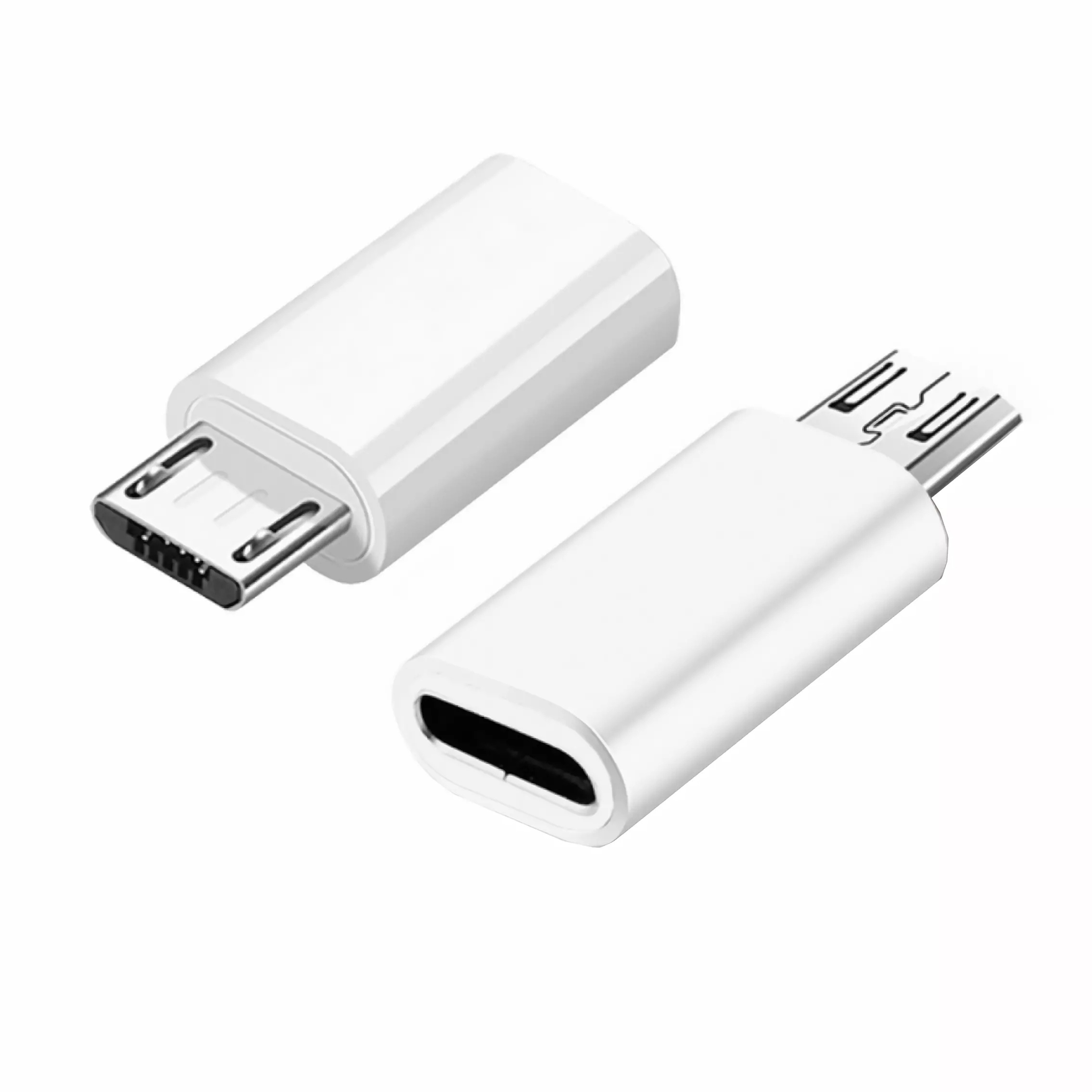 Zwei weiße Micro-USB-zu-USB-C-Adapter. Eine Seite hat Micro-USB, die andere USB-C.