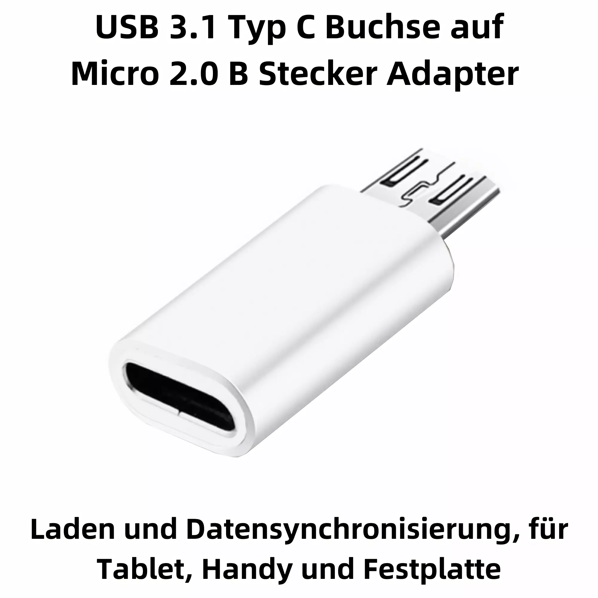 Weißer USB 3.1 Typ C auf Micro 2.0 B Adapter. Zum Laden und Datensynchronisation.
