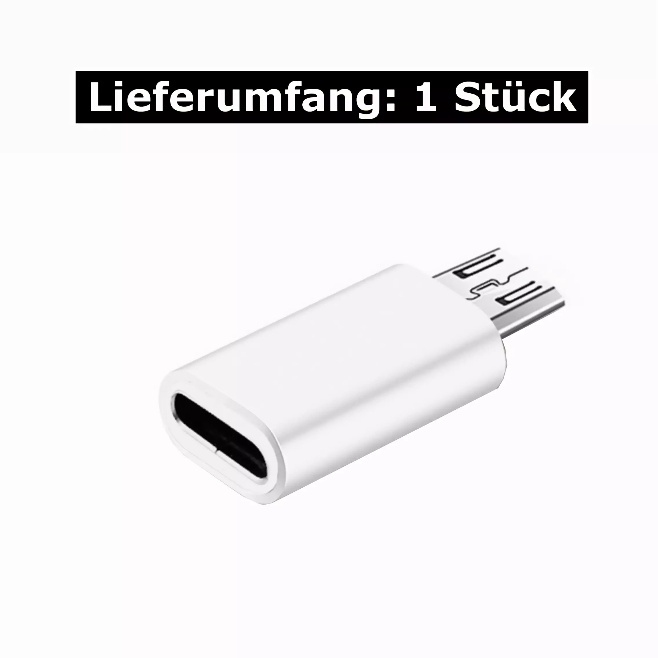 Weißer Adapter mit einem USB-C- und einem Micro-USB-Anschluss. Text: Lieferumfang: 1 Stück.