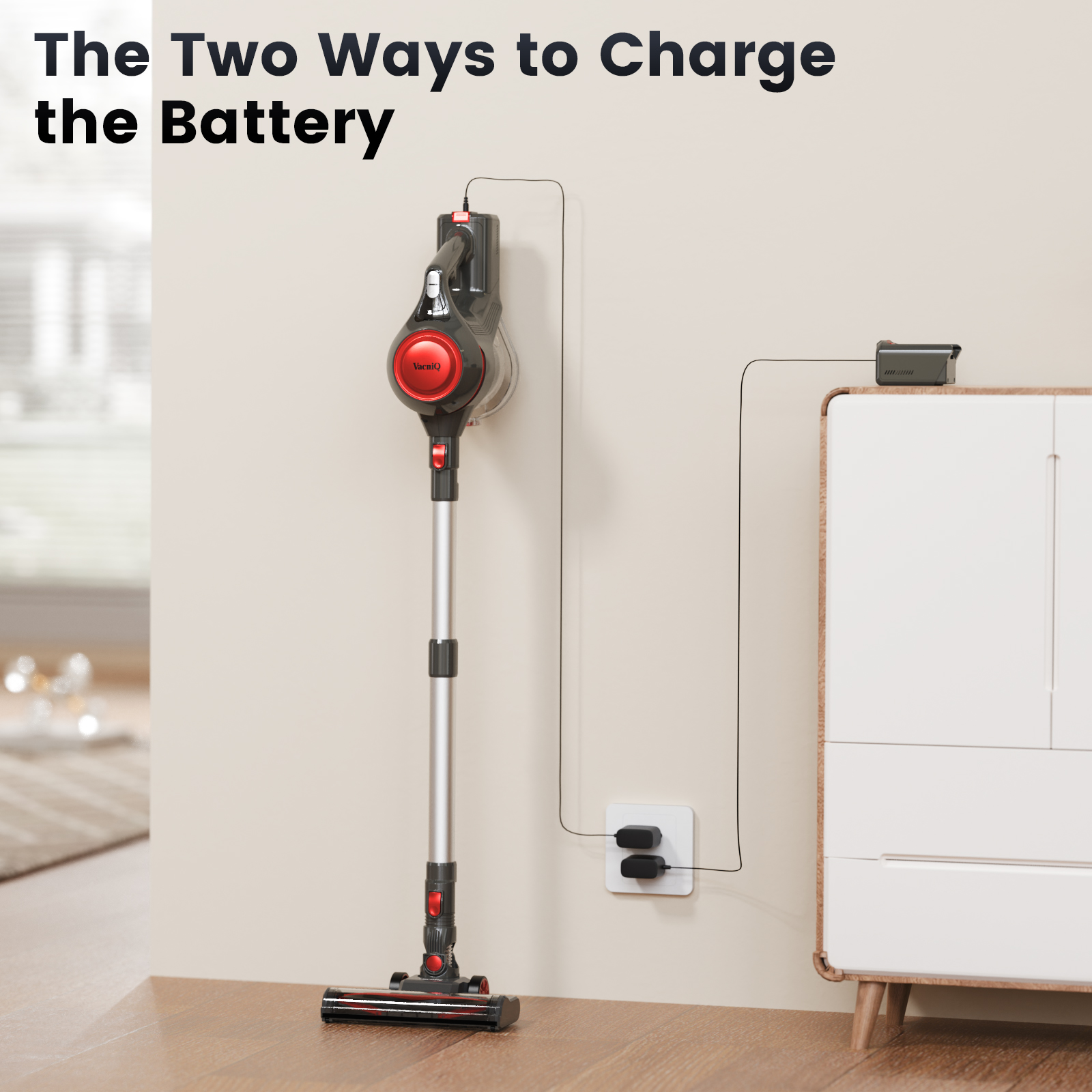 Odkurzacz w trakcie ładowania. Odkurzacz jest na ścianie, podłączony do gniazdka. Bateria również się ładuje.