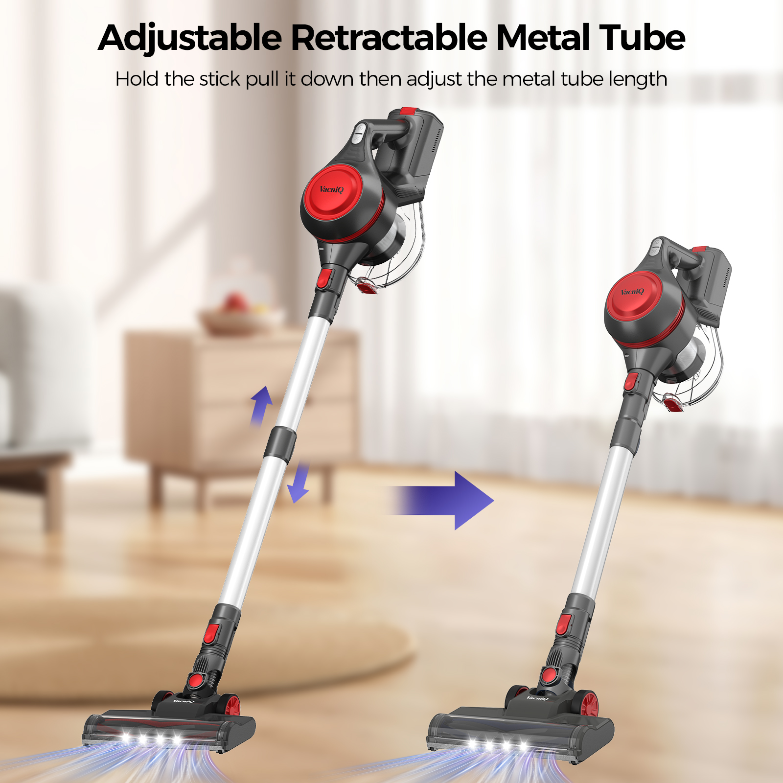 Dwa odkurzacze bezprzewodowe, czerwony i czarny, z wysuwanymi rurami, na tle rozmytego wnętrza.