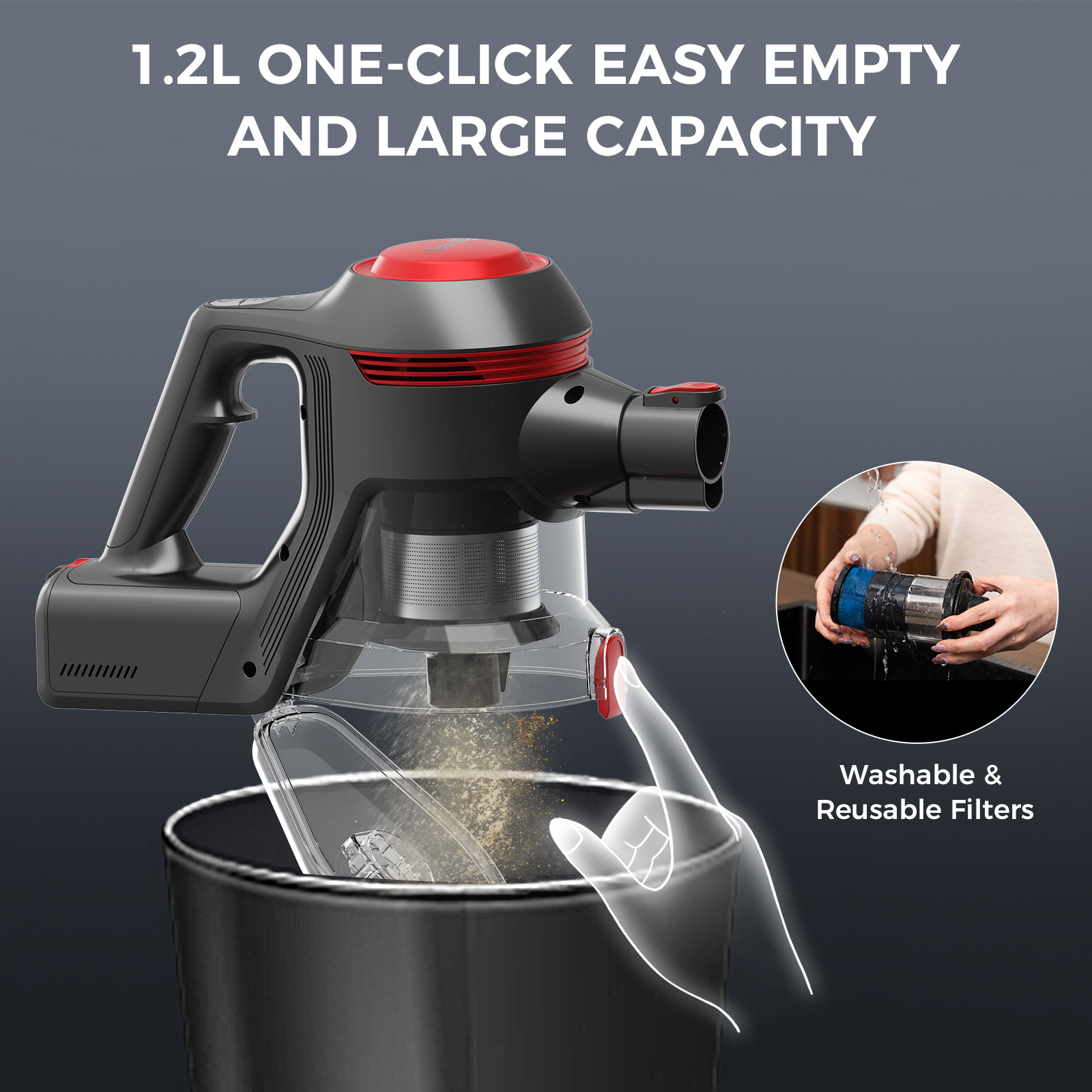 Pokazano czarny i czerwony odkurzacz ręczny. Ręka opróżnia pojemnik na kurz nad koszem na śmieci.