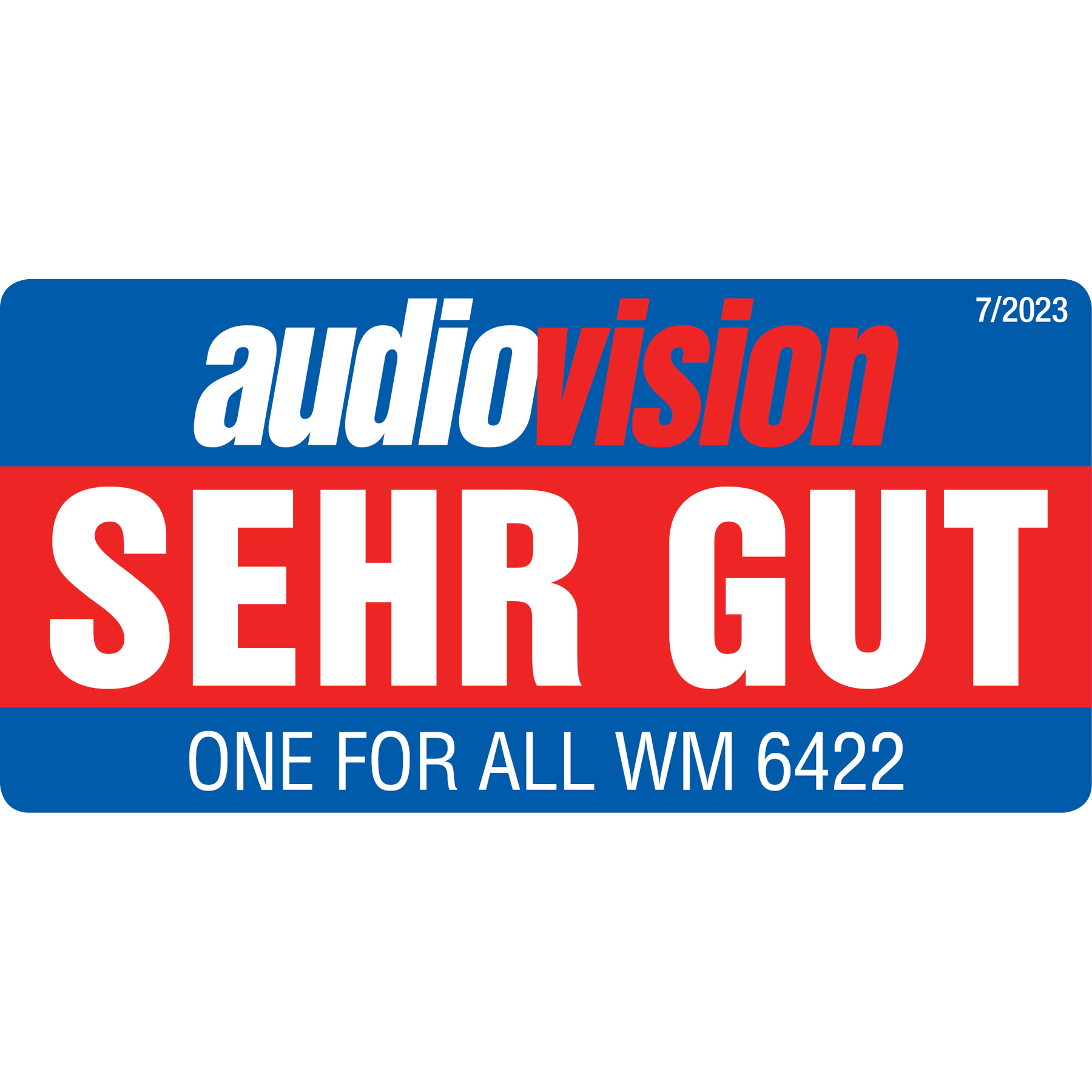 Blaues und rotes Etikett mit den Worten 'audio vision' und 'SEHR GUT'.