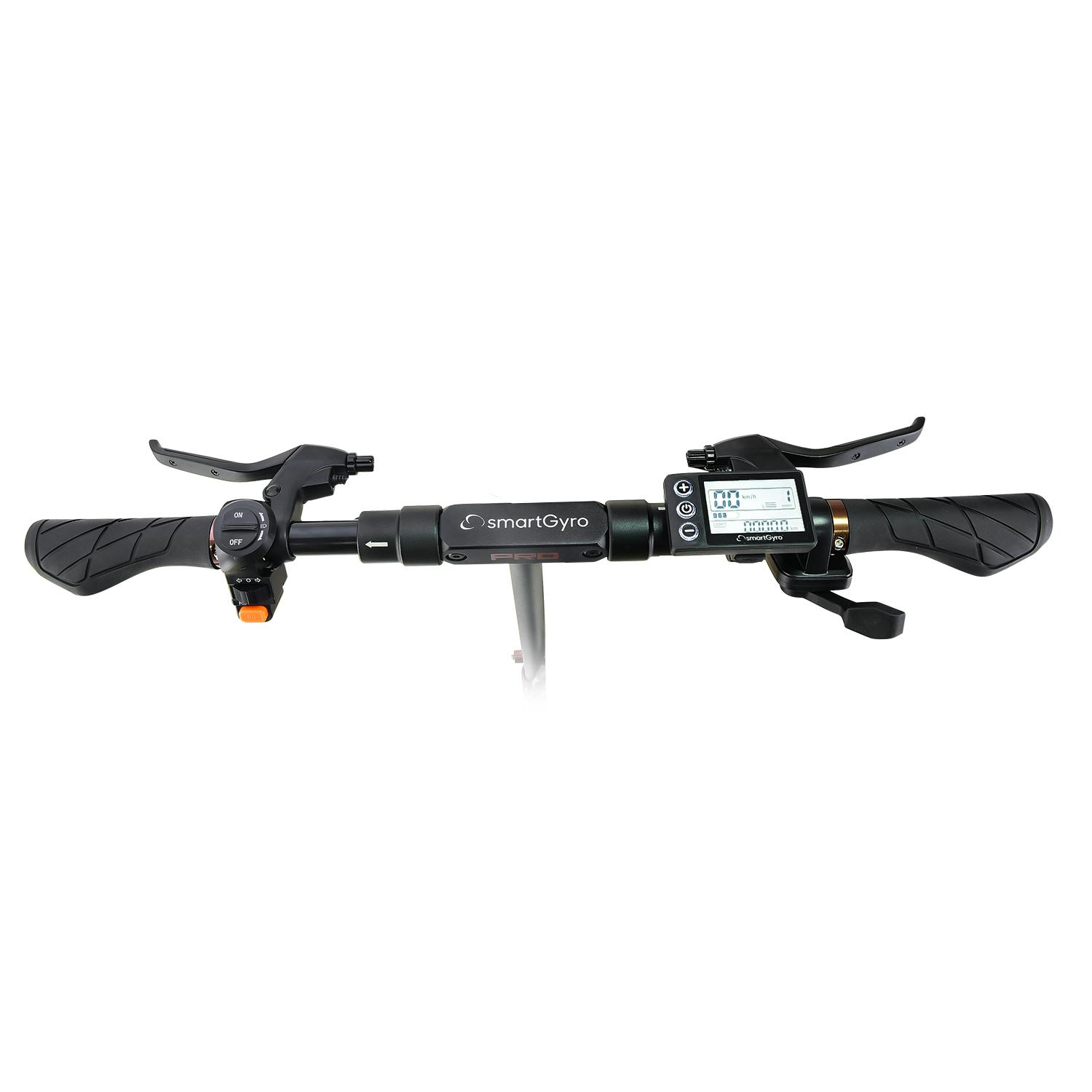 Manillar de un patinete eléctrico smartGyro. Tiene una pantalla y botones de control.