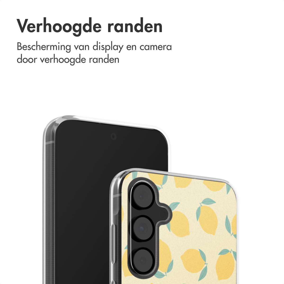 Een telefoon in een hoesje met een citroenpatroon, tekst luidt: Verhoogde randen.