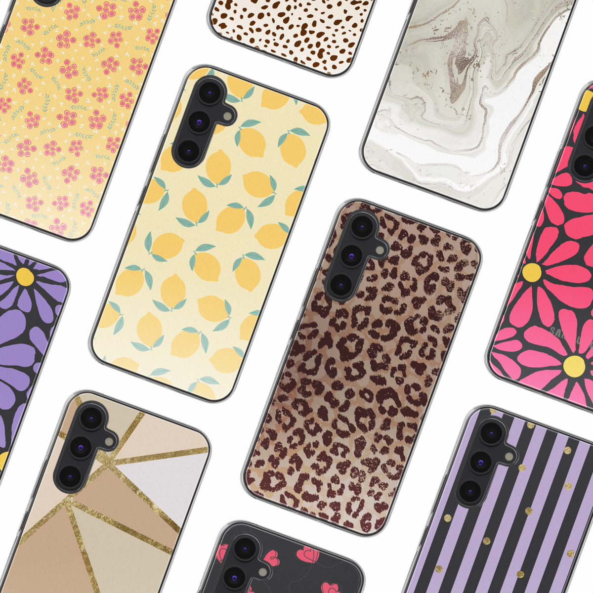 Verschillende telefoonhoesjes met verschillende patronen: bloemen, luipaard, geometrisch, gestreept.
