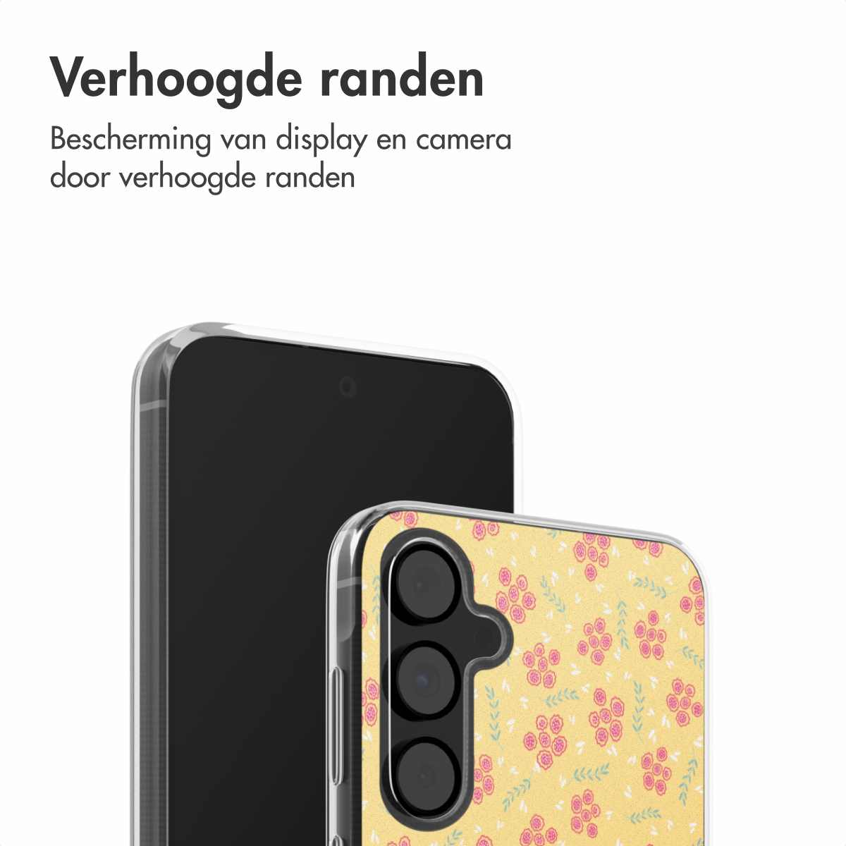 Een telefoonhoesje met een bloemenpatroon dat een zwarte telefoon beschermt, tegen een witte achtergrond.