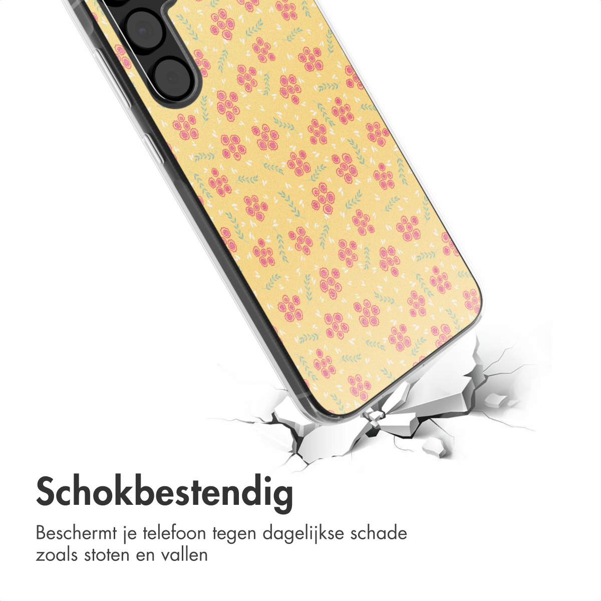 Een schokbestendig telefoonhoesje met een bloemenpatroon wordt getoond op een witte achtergrond.