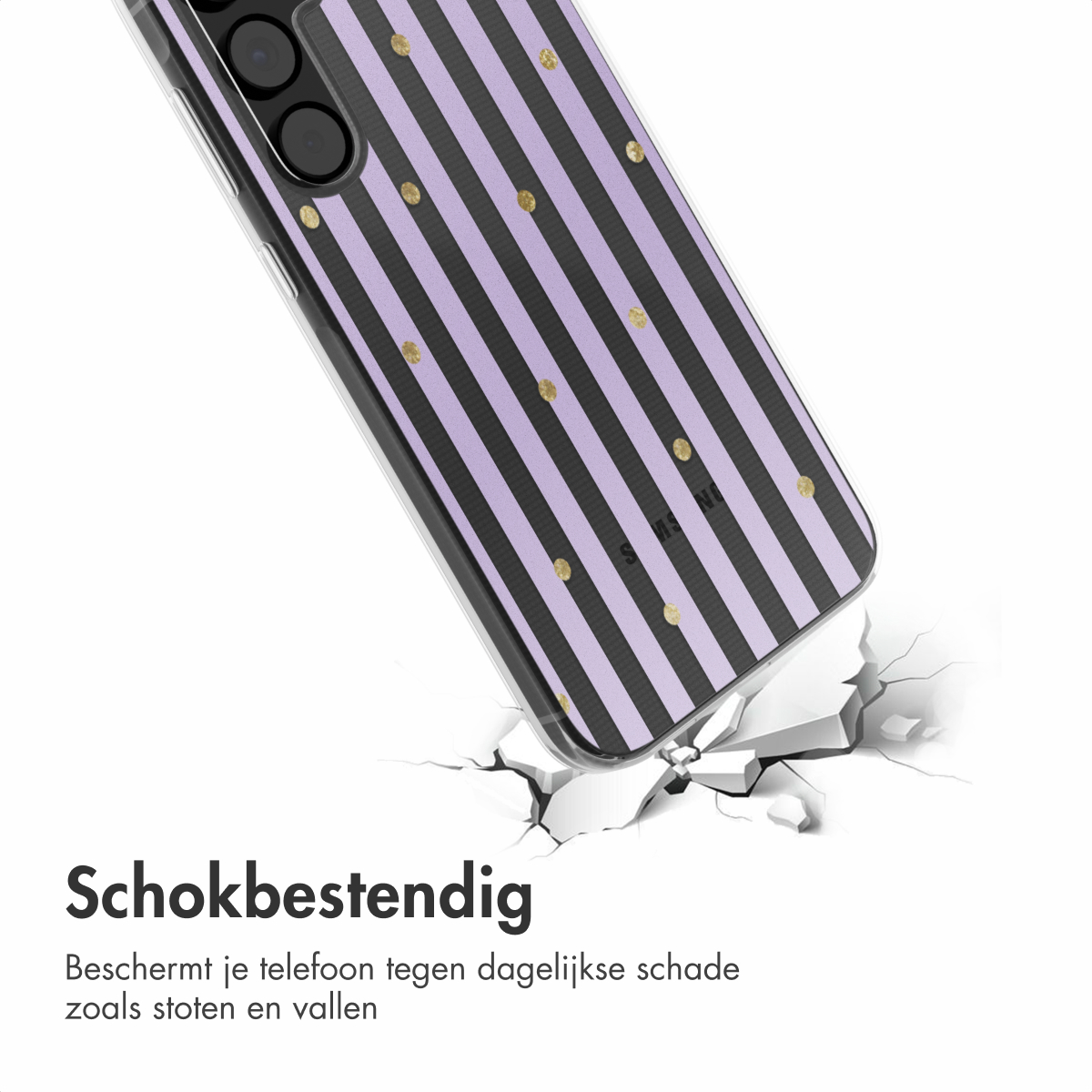 Telefoonhoesje met paarse strepen, gouden stippen. Telefoon is gebarsten op witte ondergrond.