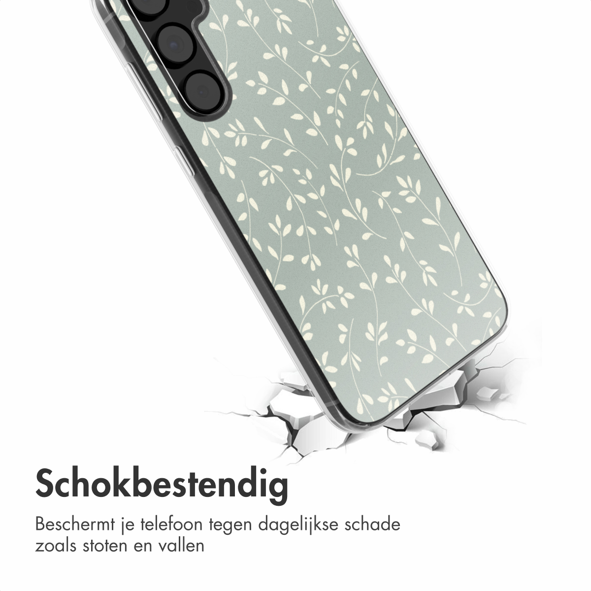 Een telefoonhoesje met een bloemenpatroon. De telefoon ligt op een oppervlak dat aan het breken is.