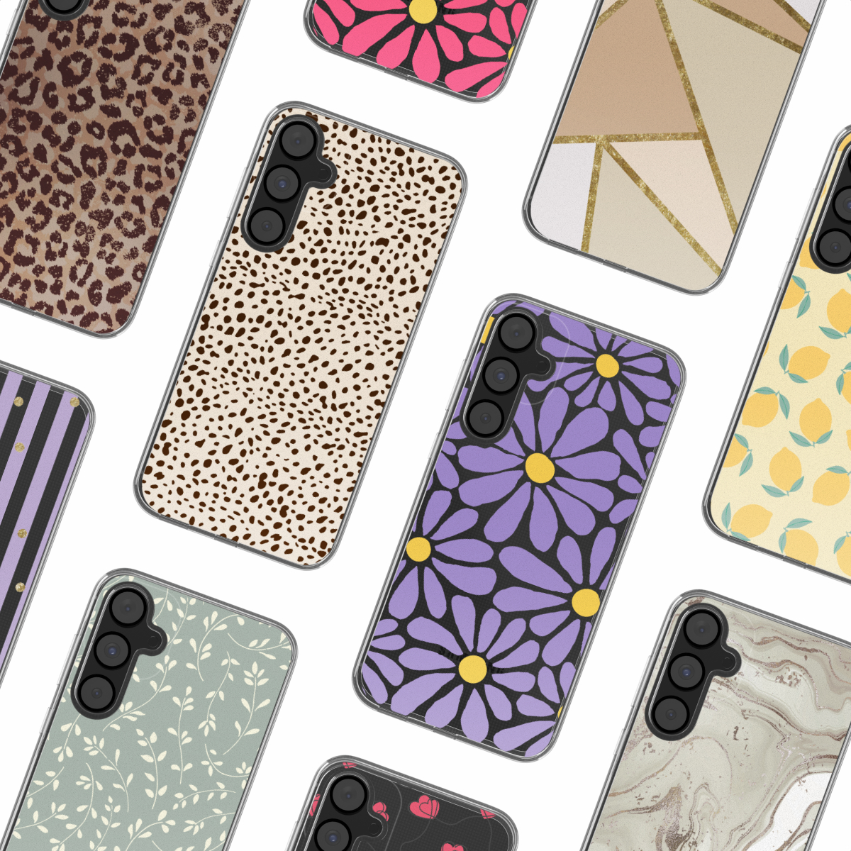Een verzameling telefoonhoesjes met verschillende bloemen- en dierenprints.
