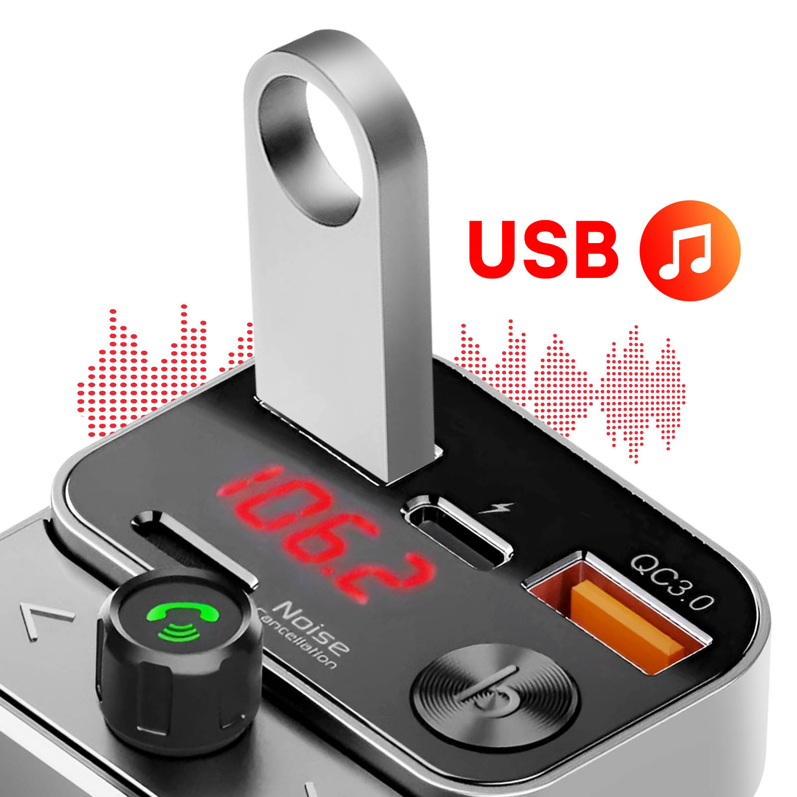 Caricabatterie per auto nero con porta USB e display digitale. Lo sfondo è bianco.