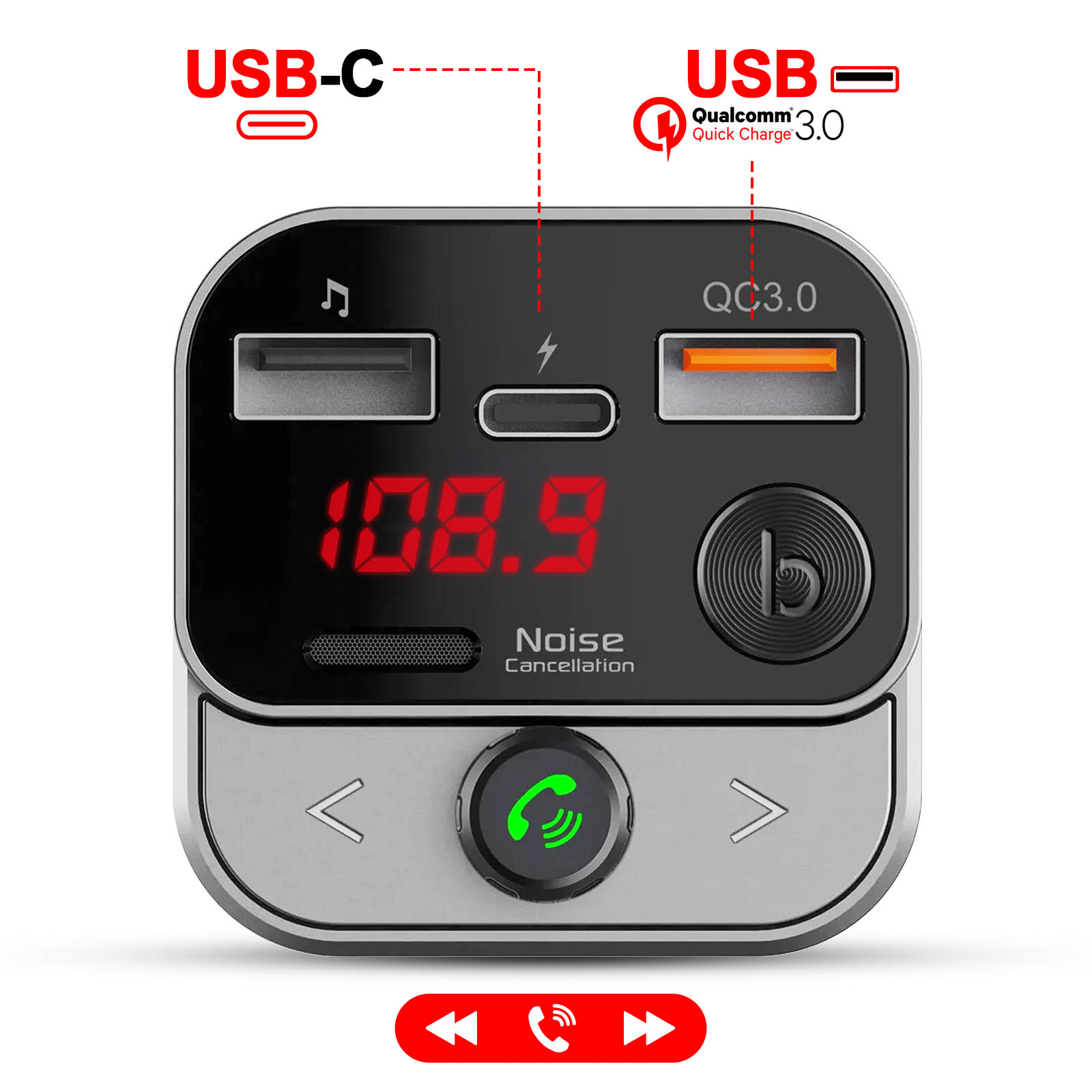 Caricabatterie per auto con porte USB-C e USB e display.