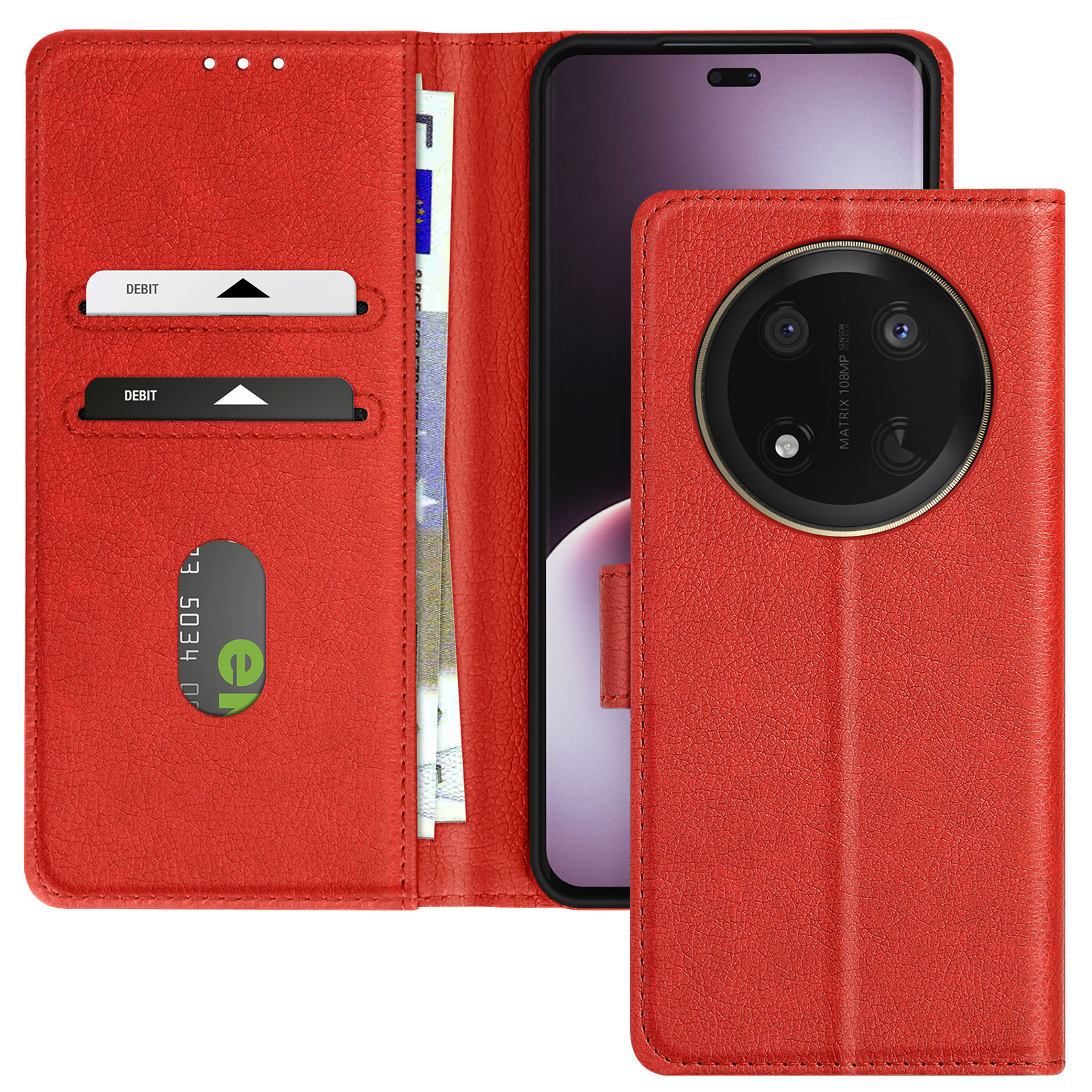 Una custodia rossa per telefono con carte e un telefono all'interno, su sfondo bianco.