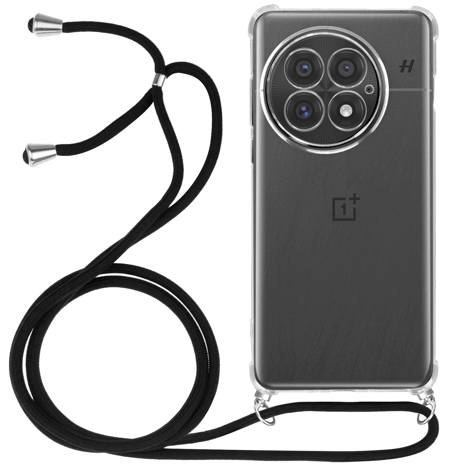 Telefono nero con cordino. Il cordino è nero. Il telefono ha una fotocamera prominente.